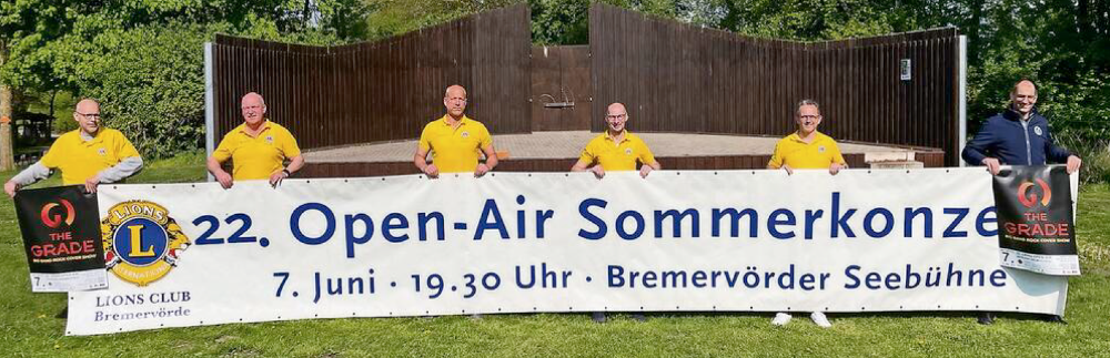 Hoffen auf viele Musikbegeisterte beim Open-Air-Konzert mit „The Grade“ am Vörder See: die Lions-Club-Mitglieder (von links) Ralf Ratajczak, Heino Engelke, Christoph Muche, Präsident Holger Meyer, André Müller und Dennis Mahnken.